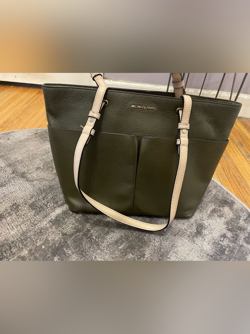 Michael Kors Olive Leather Tote with Cream Straps